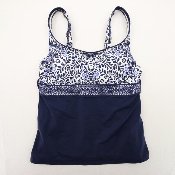 Lands End Tankini Top Navy Blue Pattern Underwire Scoop Neck Swim Top Size 8 - Picture 1 of 10